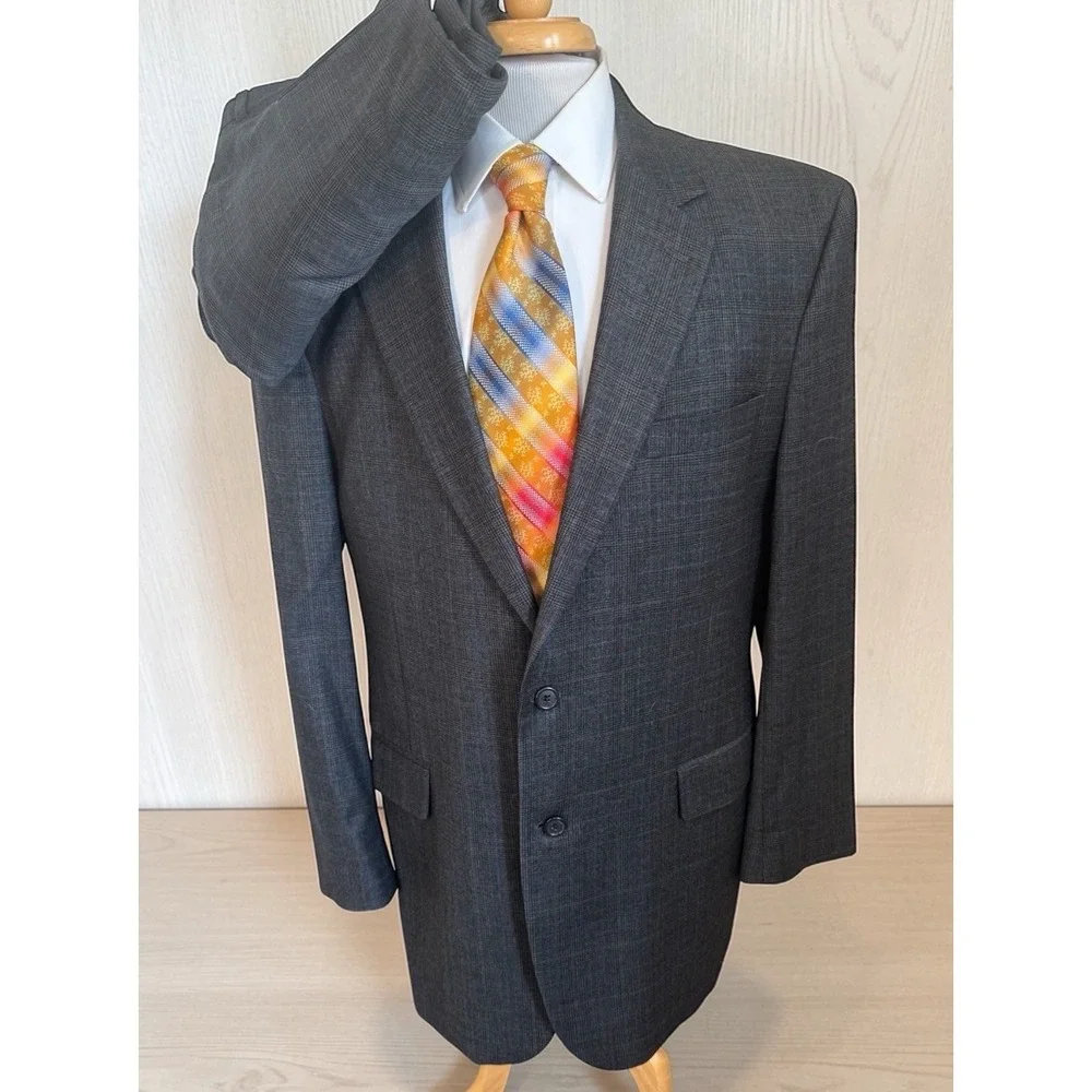 Jos‎ A Bank Sz 44L Suit Jacket Pants 38 x 30 2Pc Gray Blue Glen Plaid 100% Wool